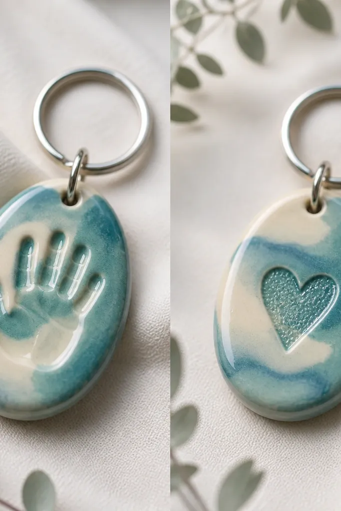 A small oval clay keychain with a handprint pressed into the front. The back shows a simple heart texture. The surface is painted teal and cream with a clear glossy top coat.