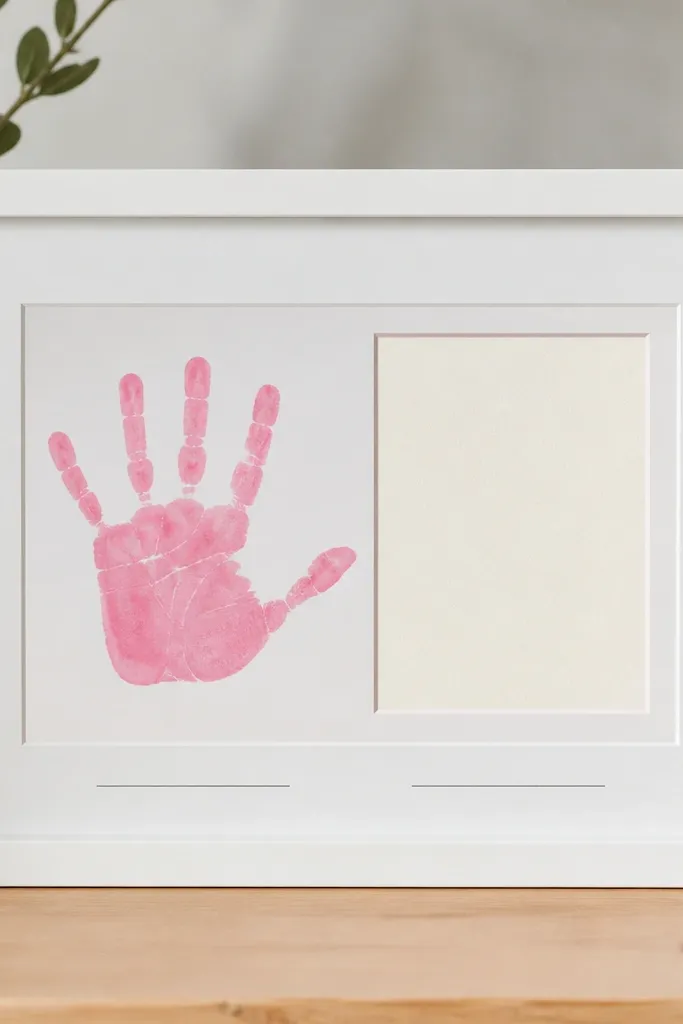 A white frame with a paper mat. A handprint in pink sits beside a printed poem area. The entire paper is protected by clear lamination, and a child’s name and date are written under the print.