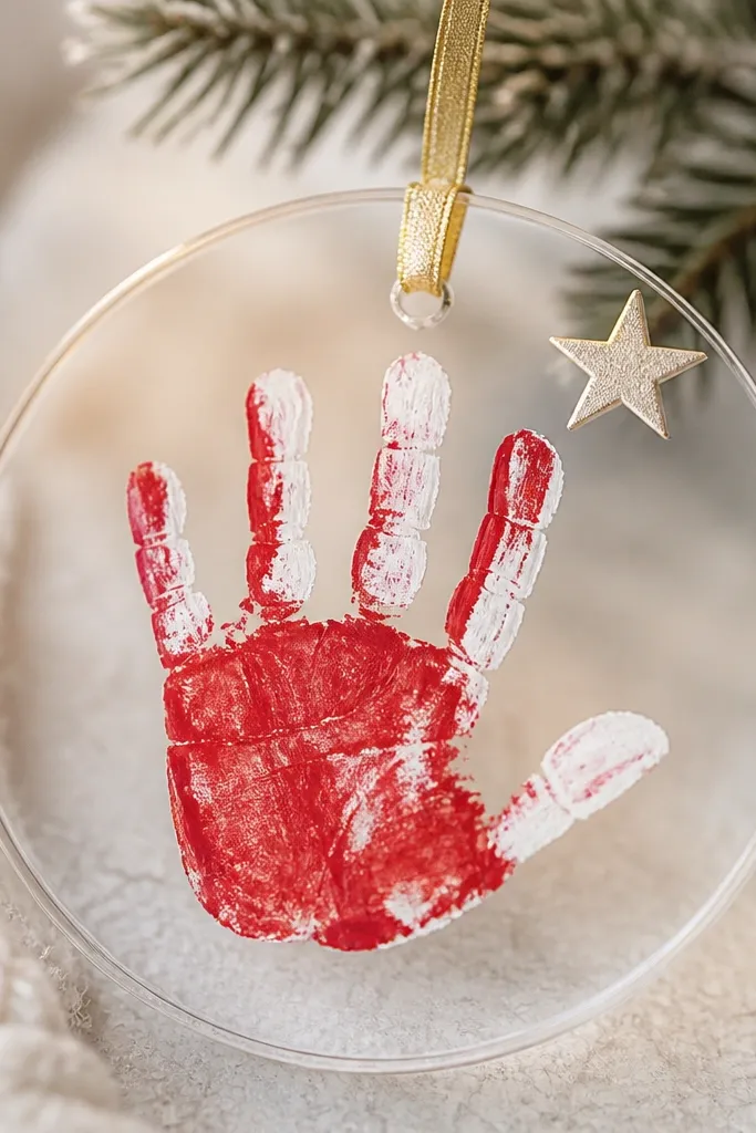 A round clear-glass look ornament (or acrylic disk) with a handprint in the center. The handprint is painted in red and white, with a thin gold ribbon loop at the top. A light star decoration sits near the edge.