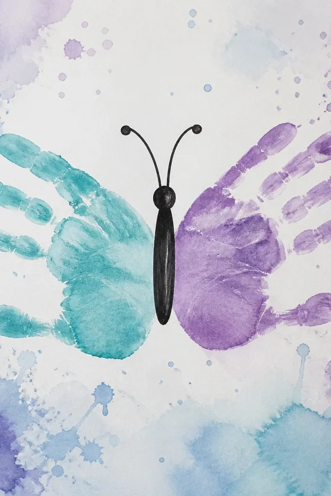 A watercolor-style sheet with soft purple and blue splashes. Two mirrored handprints form butterfly wings, one in teal and one in lavender. A black marker body and antennae sit in the center.
