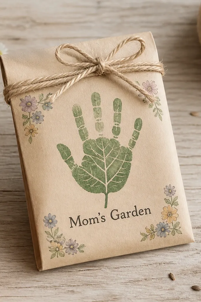 A small seed packet tied with twine. The packet has a handprint in green ink shaped like a leaf, with the words “Mom’s Garden” printed below. Tiny illustrated flowers decorate the corners.