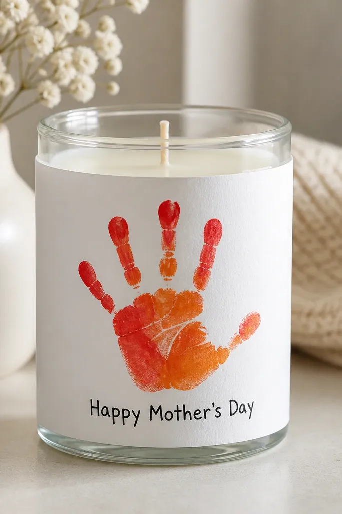 A plain glass candle jar wrapped with a white paper sleeve. A kid’s handprint is painted in warm red and orange on the sleeve, with a simple “Happy Mother’s Day” message below. The sleeve looks snug and clean.