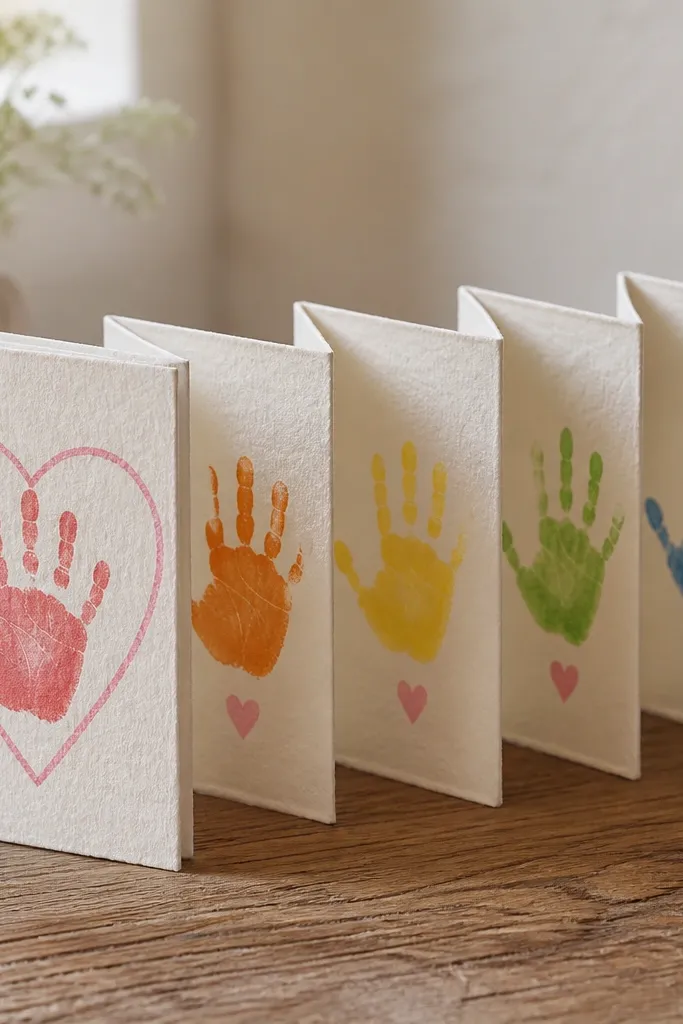 A small accordion-fold paper book. Each panel has a different colored handprint and a short love note. The cover shows a larger handprint with a heart outline drawn around it.