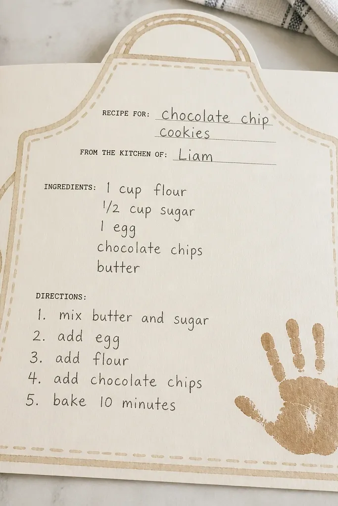 A recipe card sized sheet with a handprint in the corner like a stamp. The border looks like an apron with stitched lines drawn in beige marker. The center has a typed recipe title area and a handwritten recipe by the child.