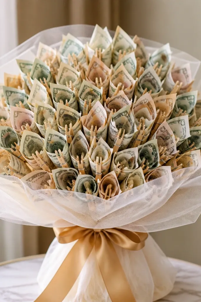 A dense bouquet of many small cash flowers, each made from twisted bills with a tiny clothespin-like clip at the base, wrapped in sheer white mesh and tied with a gold ribbon.