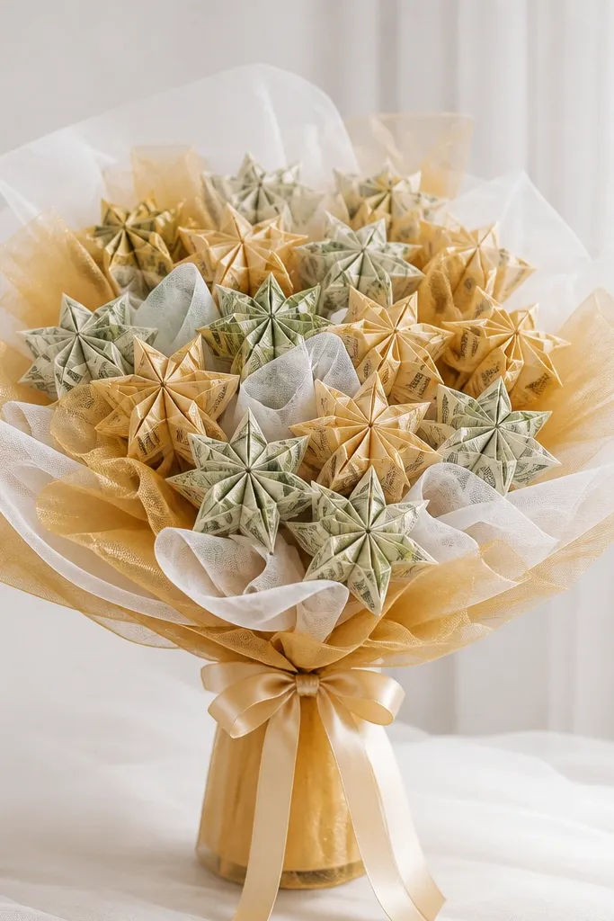 A bouquet with clean, geometric money flowers, each bloom resembling a small origami star, arranged with alternating white and gold tulle and finished with a satin ribbon handle.