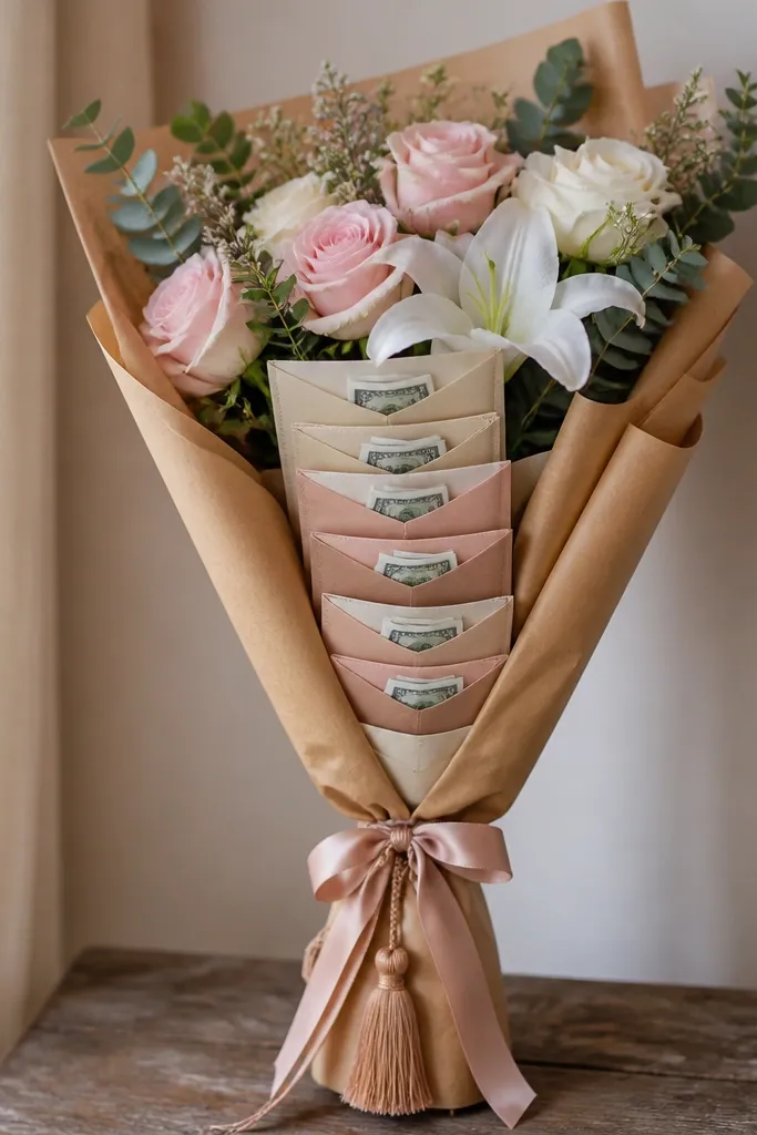 A bouquet wrapped in brown kraft paper with small fabric or paper envelope pockets attached along the stems, each pocket holding a neatly folded bill, with a ribbon tassel at the bottom.
