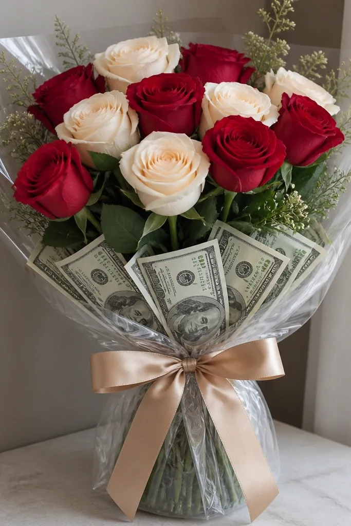 A bouquet featuring realistic silk roses wrapped in clear cellophane, with several bills layered like ribbon across the stems, tied into a neat bow at the center.