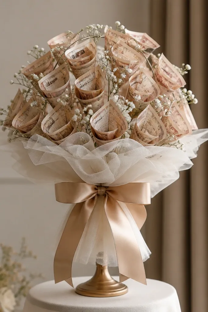 A tall centerpiece-style bouquet on a small stand, with bill “petals” attached to a domed frame, surrounded by tulle and finished with a wide ribbon at the base.