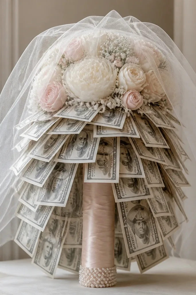 A bouquet with a cascading skirt made of layered bills, each layer slightly offset, with a bouquet handle wrapped in satin and a soft tulle veil over the top.
