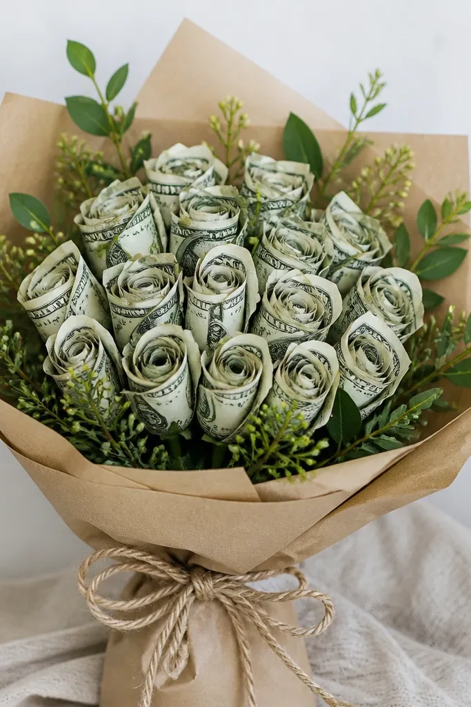A budget money bouquet made with simple greenery picks and foam blocks, with bill flowers clustered tightly, wrapped in inexpensive kraft paper and tied with a thick twine bow.