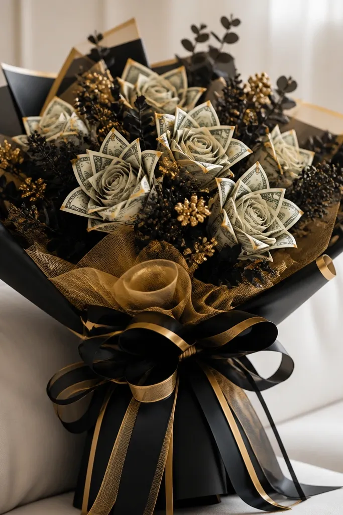 A sleek black-and-gold money bouquet with black ribbon accents, gold tulle, and money flowers arranged with dark filler greenery, tied into a structured bow.