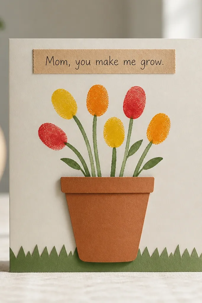 A terracotta-colored paper pot with five to seven thumbprints as flower heads in yellow, orange, and red. A green strip at the bottom looks like grass, and the top has a label reading “Mom, you make me grow.”