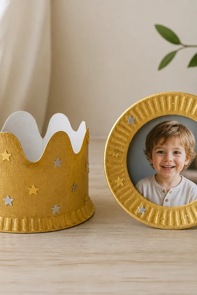 Two crafts side-by-side: a paper plate crown with scalloped edges painted gold and decorated with tiny star stickers, and a small frame made from a second plate ring with a child’s photo placed in the center.