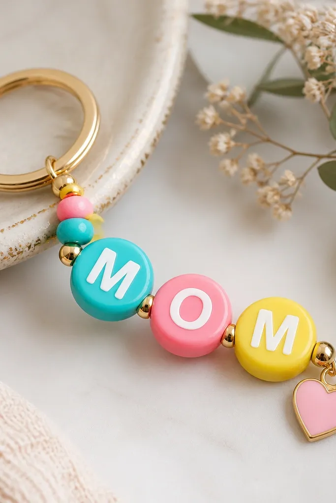 A bright keychain with large alphabet beads spelling “MOM.” The beads are in alternating colors (turquoise, pink, yellow) with a small heart charm dangling at the end.