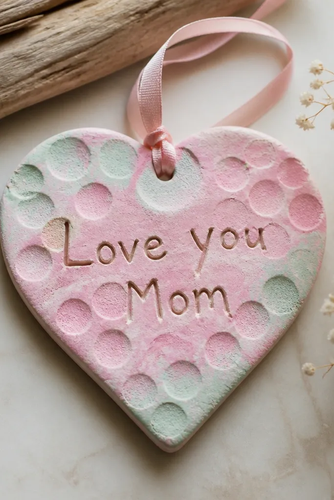 A rustic heart ornament made from salt dough with a child’s finger stamp pattern across the surface. The heart is painted pastel pink and mint, with a ribbon loop at the top and a simple “Love you Mom” message carved lightly.