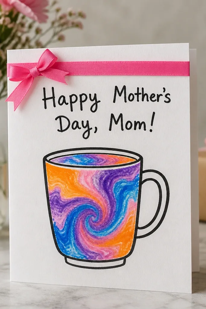 A card with a simple mug outline in the center filled with swirling marker colors (blue, purple, orange). The card has a bright ribbon strip and the message “Happy Mother’s Day, Mom!” written in black marker across the top.