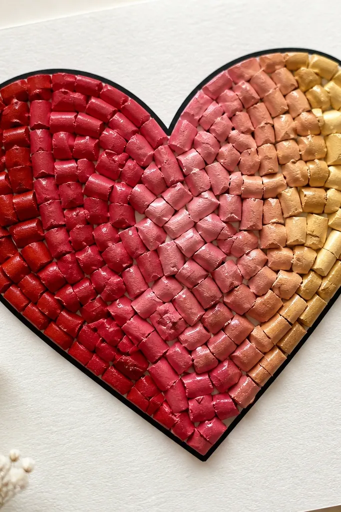A heart-shaped artwork on thick paper made from small crayon pieces arranged like mosaic tiles. The colors blend from deep red to pink to gold, with a clean black marker outline around the heart.