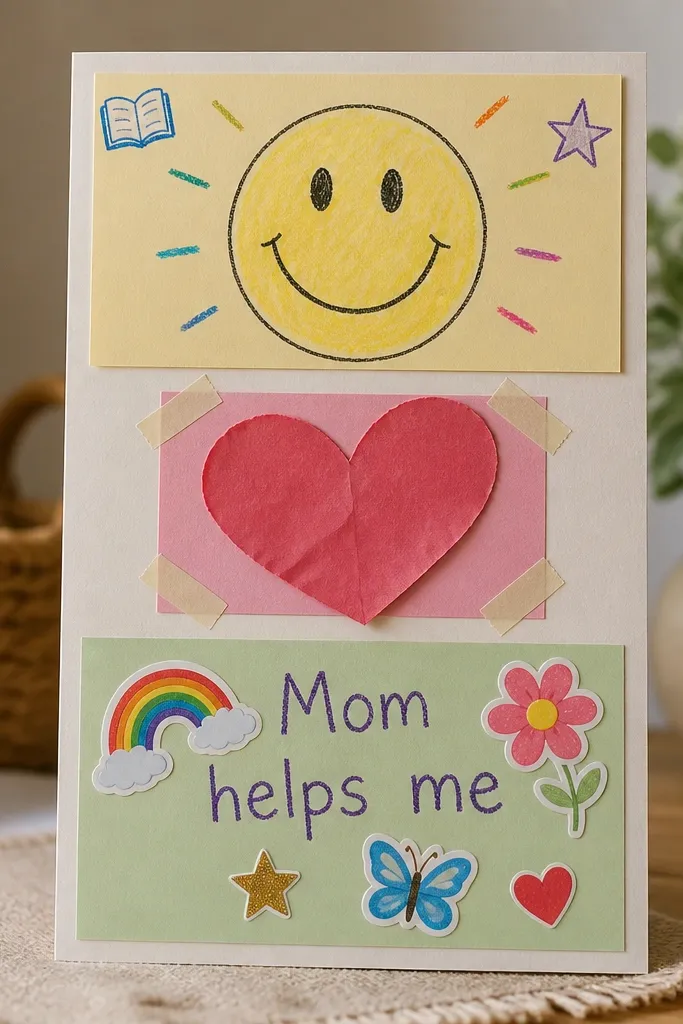 A vertical mini poster board with three rows: a hand-drawn smiley, a taped heart, and a sticker collage. The child’s handwriting reads “Mom helps me,” with small icons (book, rainbow, star) around it.