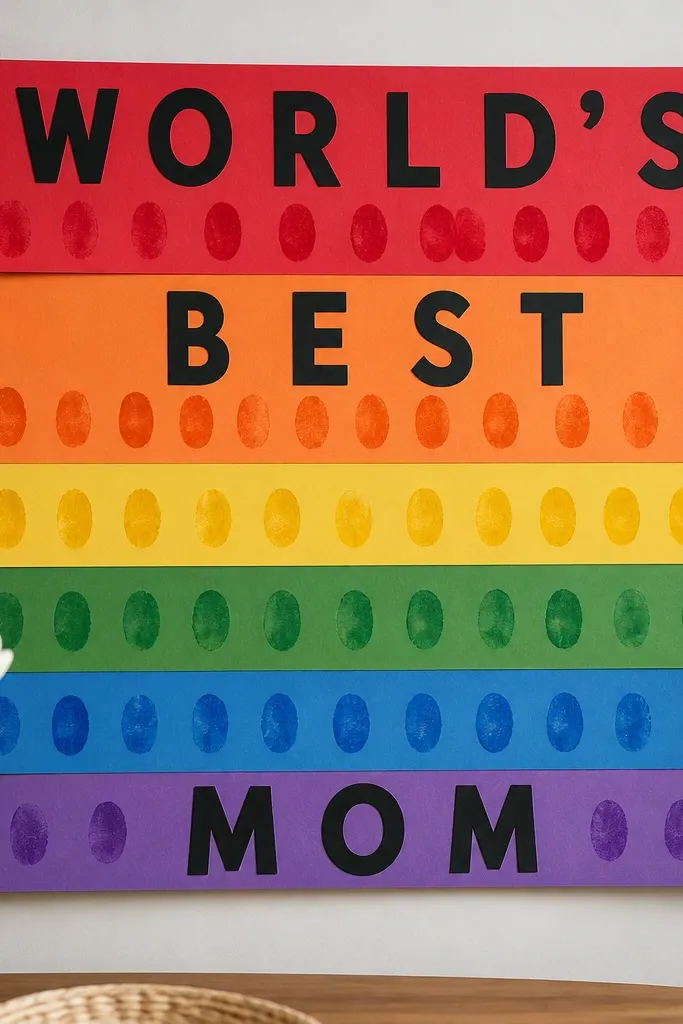 A long rainbow banner made from colored paper strips. Each strip has a child’s thumbprint in matching colors, and the words “WORLD’S BEST MOM” appear in bold letters across the top and bottom strips.