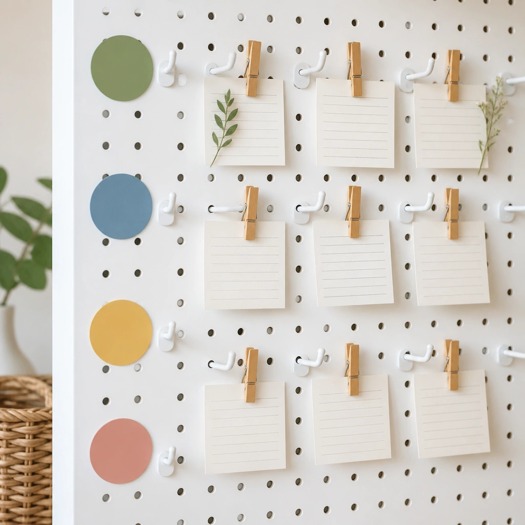 A white pegboard with rows of hooks and small clothespins holding handwritten cards. Color stickers label categories like family, school, health, and church.