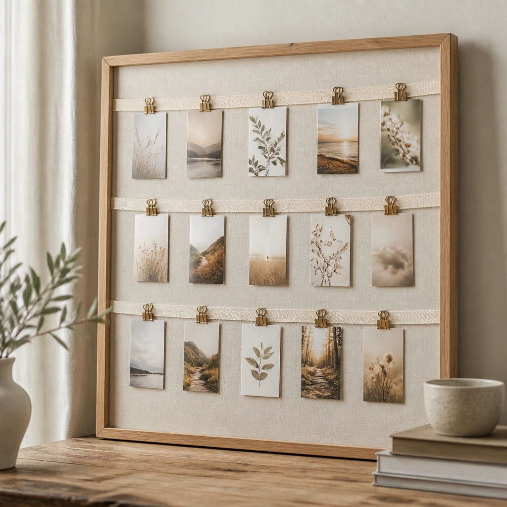 A stretched canvas in a simple wood frame with multiple horizontal ribbons. Small binder clips hang from the ribbons, each holding a prayer card with a different scripture snippet.