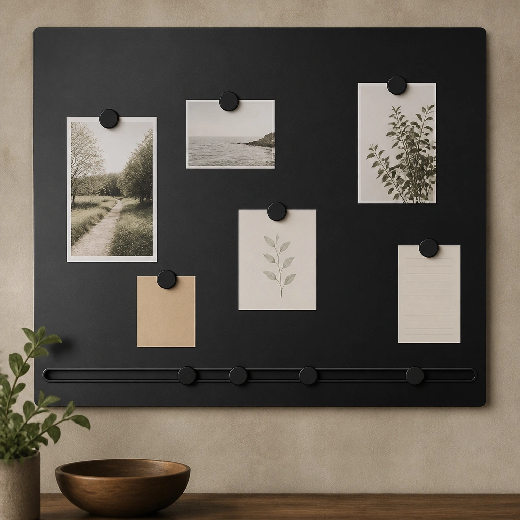 A matte black metal sheet mounted on a wall with rounded magnets holding small cards. A weekly calendar strip runs along the bottom with magnets that slide to mark today.