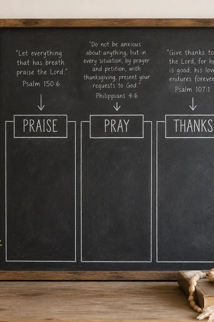 A framed chalkboard with three boxed sections labeled Praise, Pray, and Thanks. Handwritten scripture prompts sit at the top, and small chalk arrows point to the current request list.