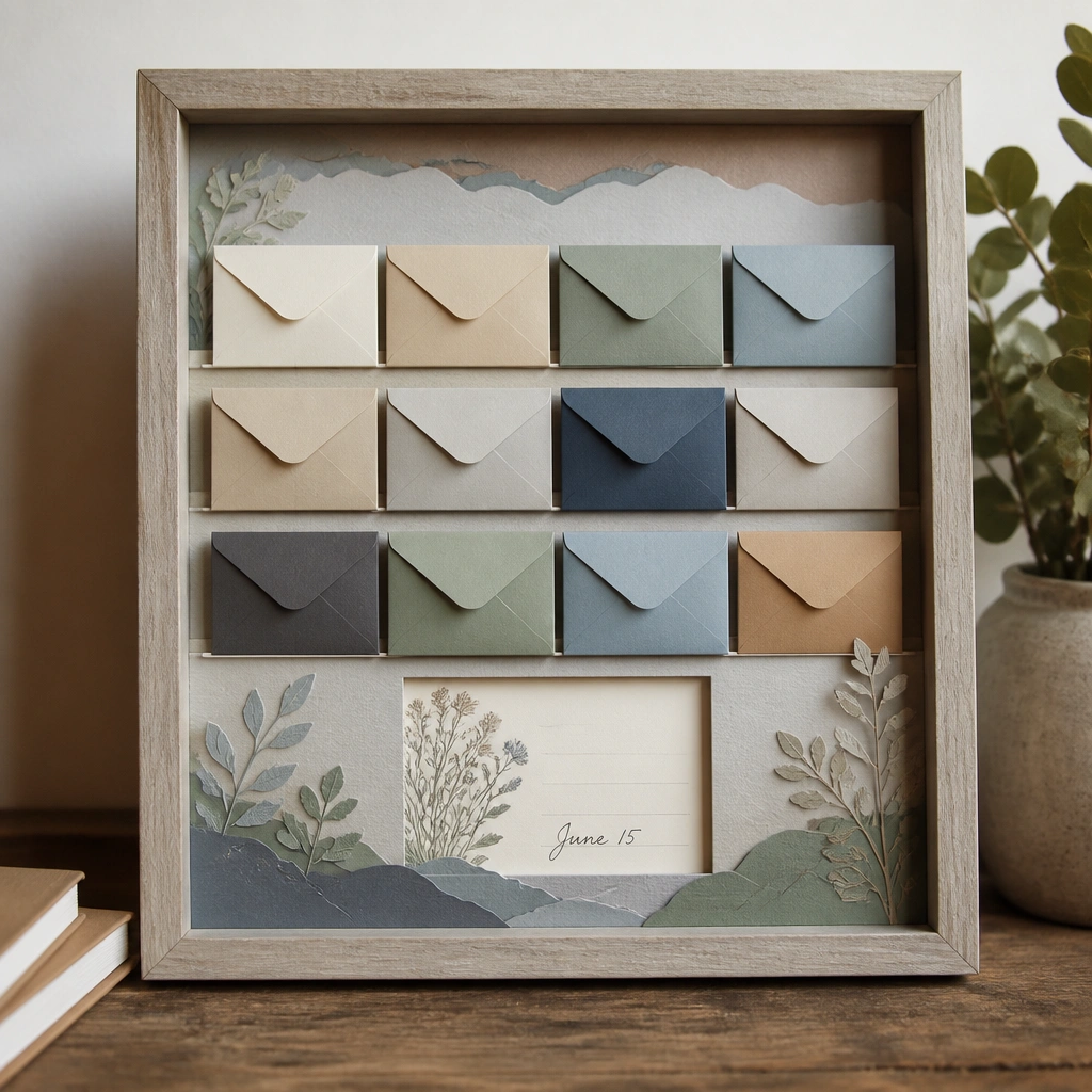 A deep shadow box with layered cardstock backgrounds. Mini envelopes labeled by month sit in rows, and a small window shows a current card with a handwritten date.