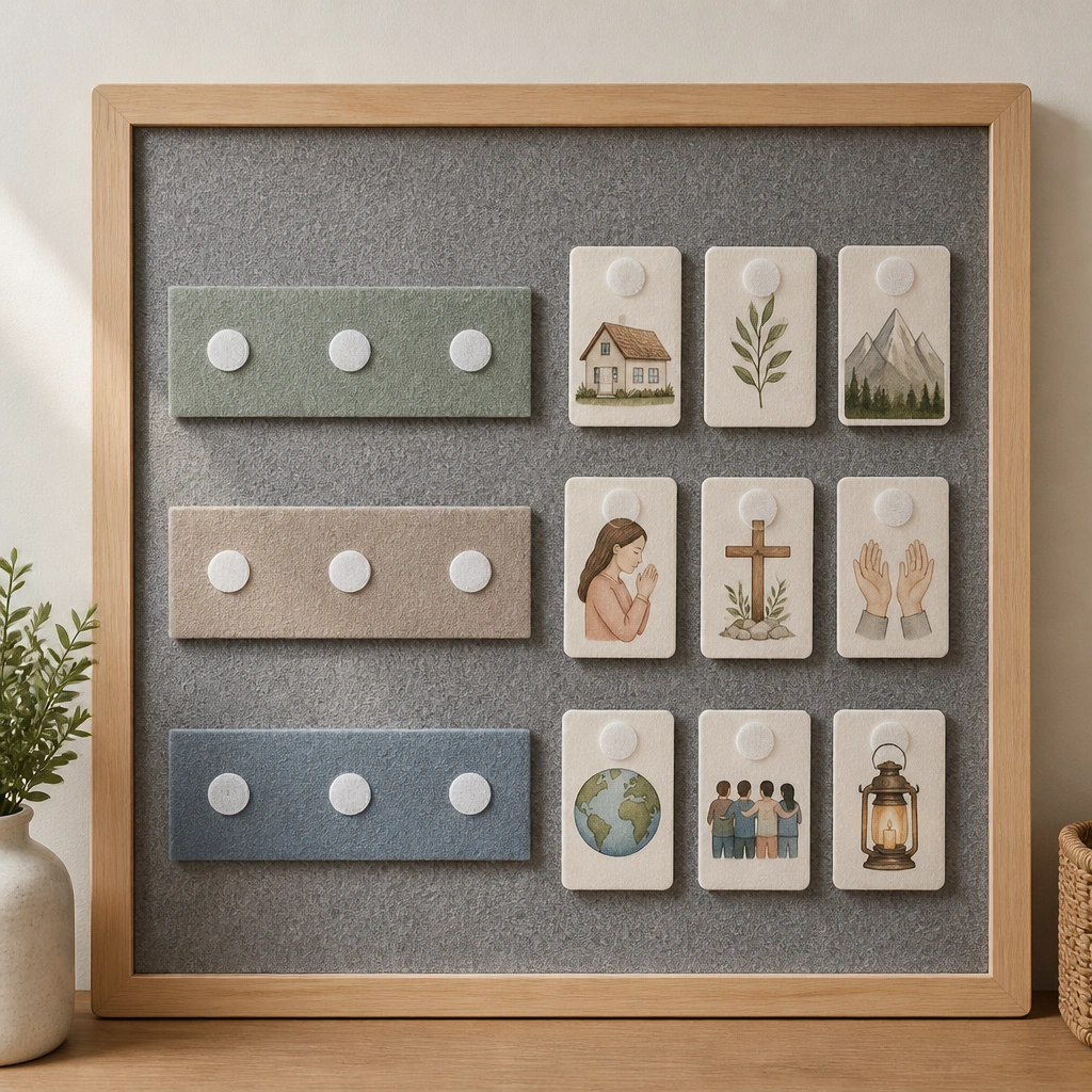 A gray felt panel bordered with light wood trim. Three felt category strips have Velcro dots, and small felt-backed prayer cards stick in place.