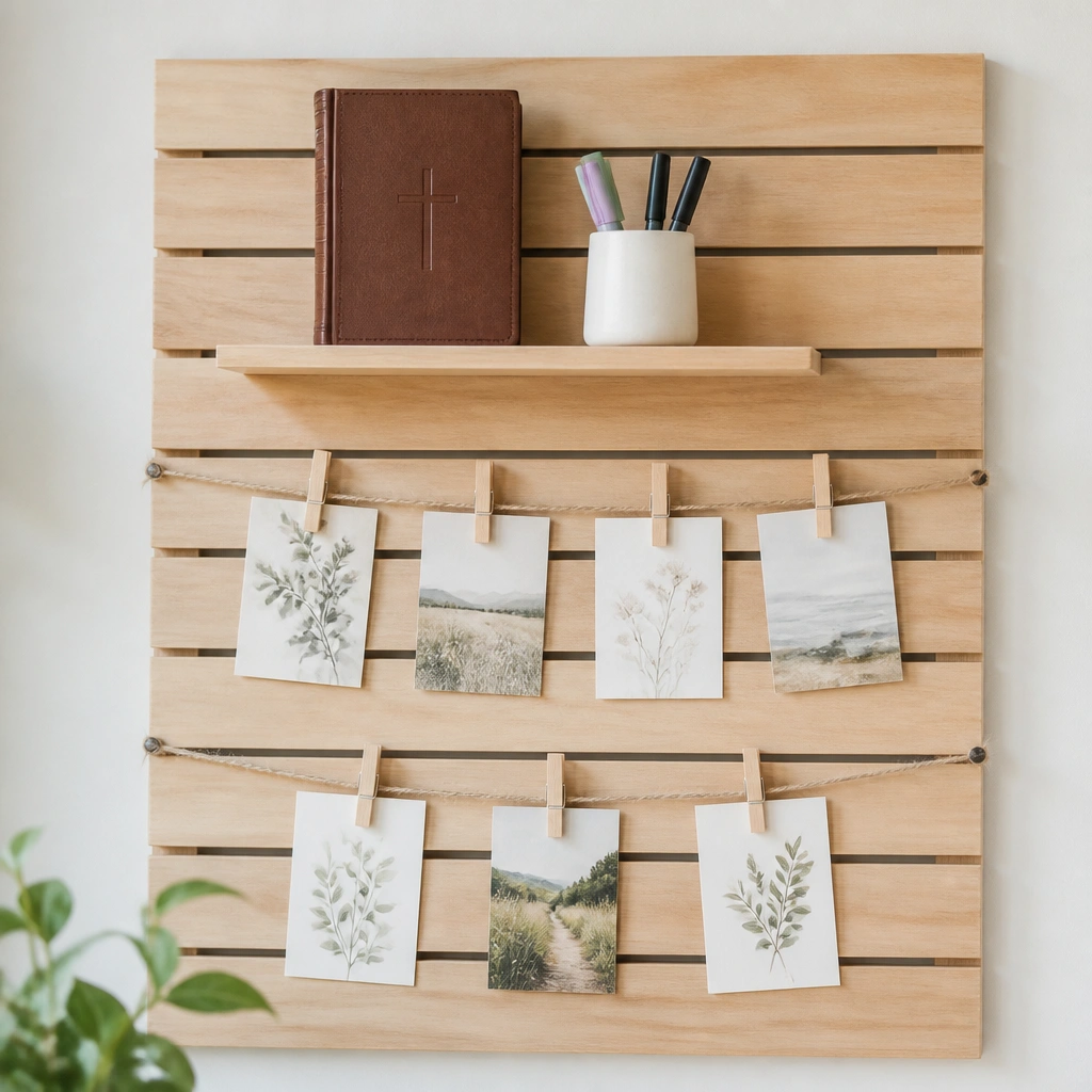 A light wood slat board with two horizontal lines of twine. Clothespins hold small prayer cards, and a tiny wooden shelf at the top displays a Bible and a few markers.