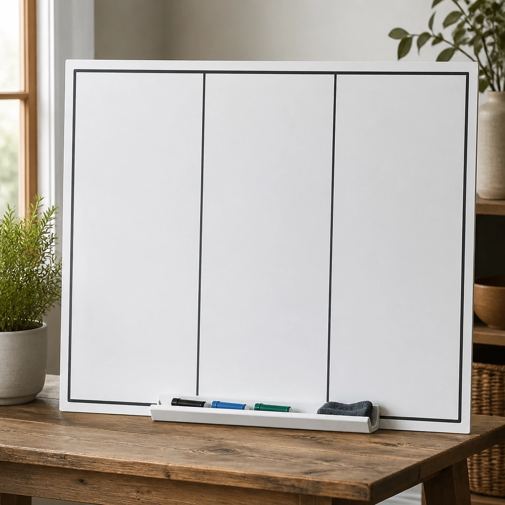 A large white foam core board with a dark marker border. In three sections, bold dry-erase writing lists prayers, and a small tray holds markers and a cloth.