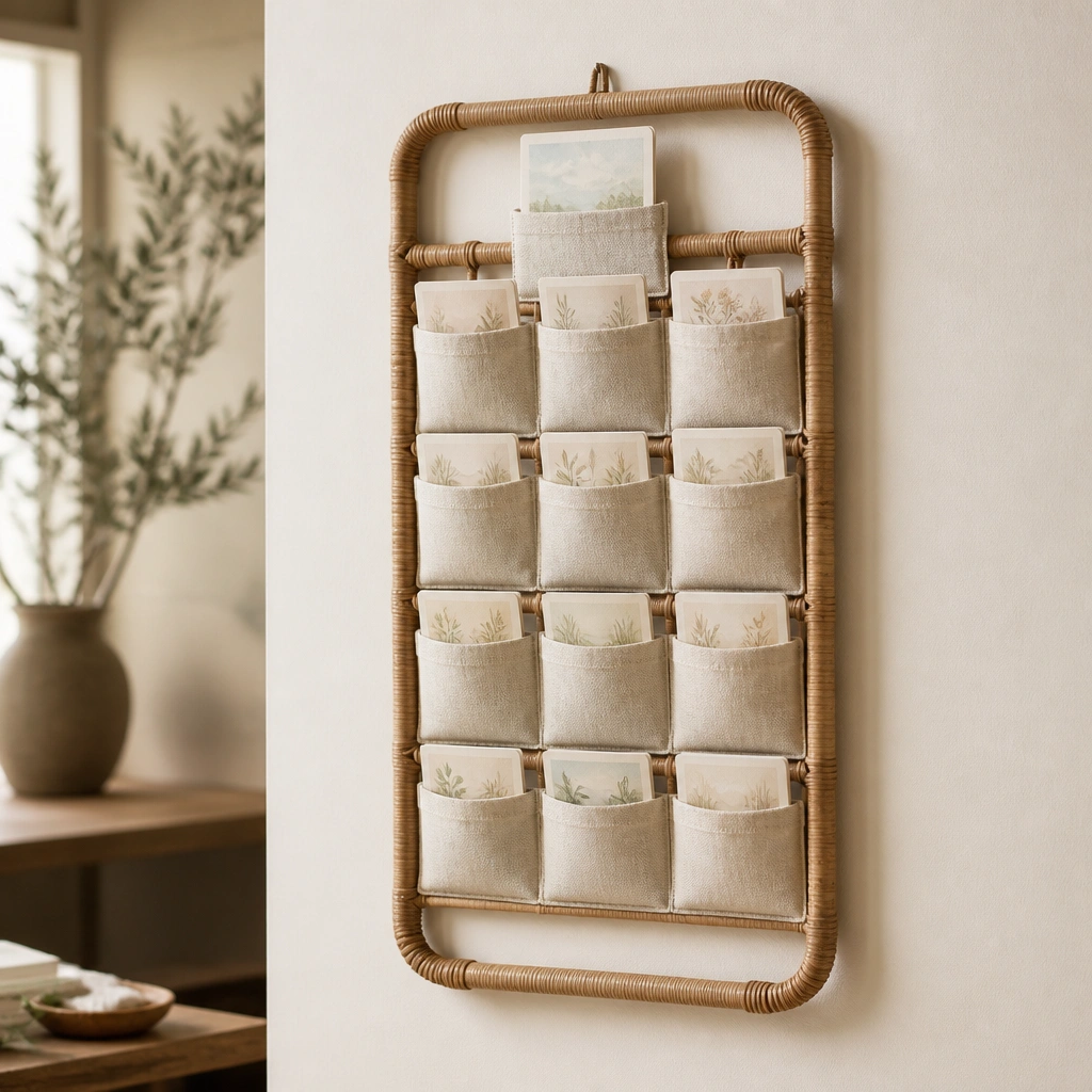 A woven rattan frame mounted on the wall with multiple small fabric pockets hanging from it. Each pocket holds a folded prayer card, and the top pocket holds a “Today” card.