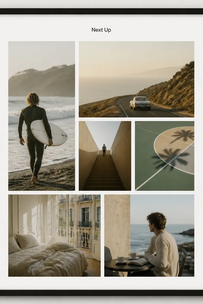A single large collage print inside a slim black frame. The layout has thick white margins between images and a small title at the top reading “Next Up” in a simple sans-serif font.