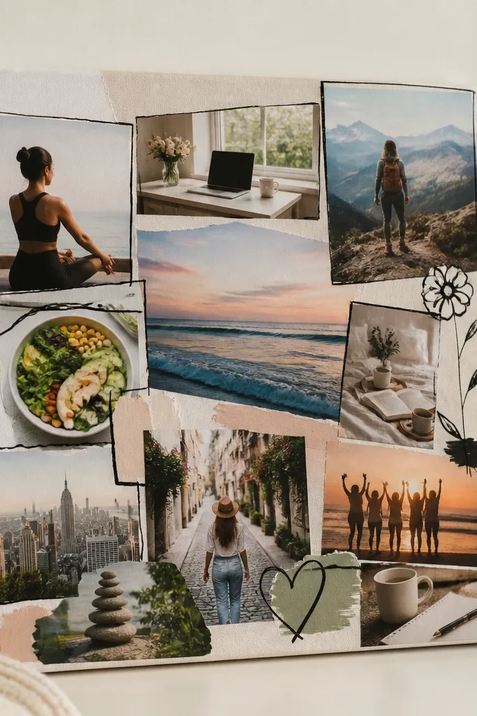 A small stretched canvas covered with layered magazine photos and handwritten goal words. The surface shows subtle texture and a consistent matte sheen, with a few items outlined in thin black marker.