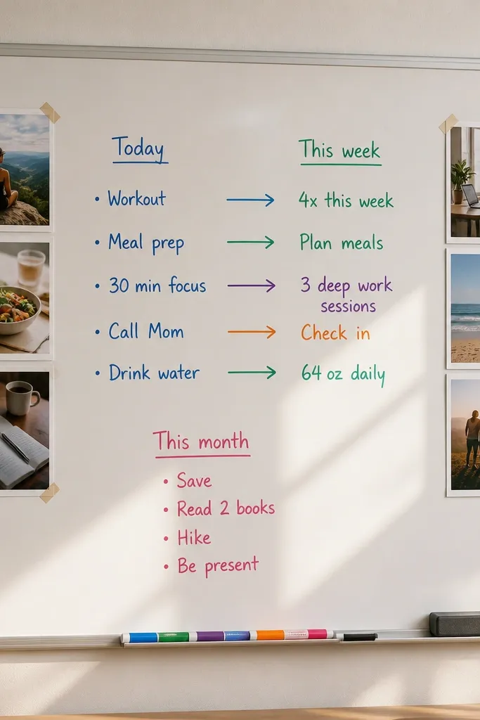 A light-colored dry-erase board with a few printed photo strips taped at the corners. Handwritten goals are written in different colored markers, and arrows connect “Today” notes to “This week” notes.
