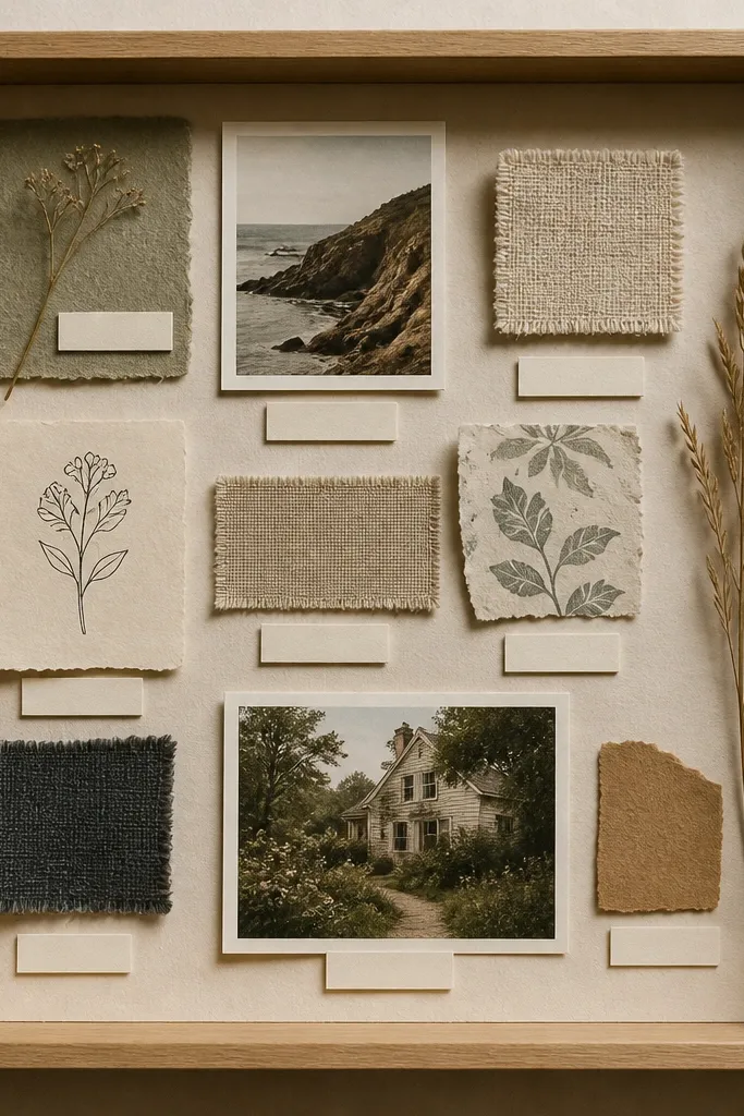 A small shadow box display with layered paper cutouts, a few tiny fabric swatches, and a couple of photos mounted on raised cardstock. The background is a soft neutral paper, and each item has a small typed label strip.
