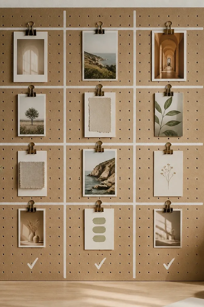 A pegboard panel with a neat grid created by white washi tape lines. Photos and mini cards are clipped with small binder clips, and a few progress checkmarks are drawn near the bottom.