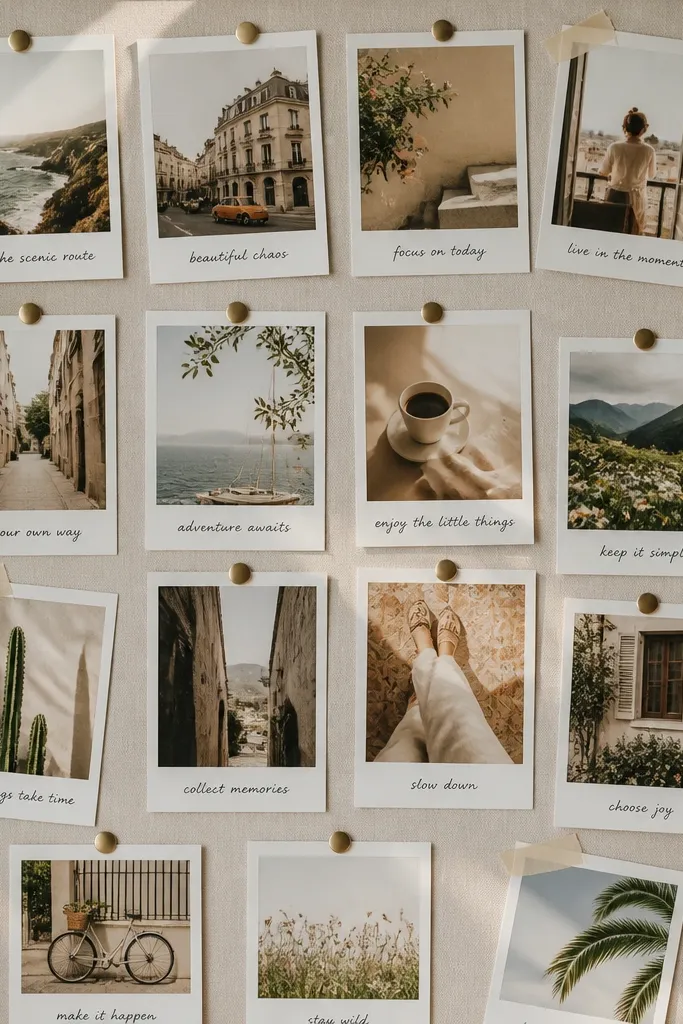 A board filled with Polaroid-inspired prints, each with a white border. Under each photo is a short caption in neat handwriting, and a few photos are taped at angles for a lived-in vibe.