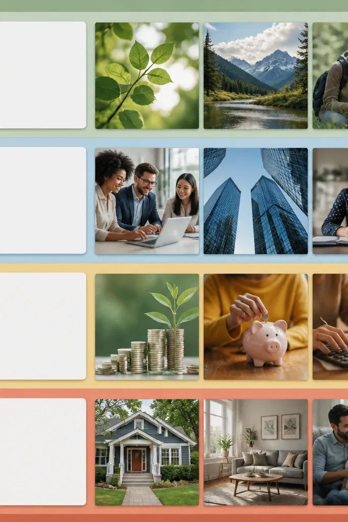 A large board divided into four horizontal rows with bold color bands. Each row has photos and text cards aligned to the same left edge, with simple icons (leaf, briefcase, coin, house) at the start of each row.