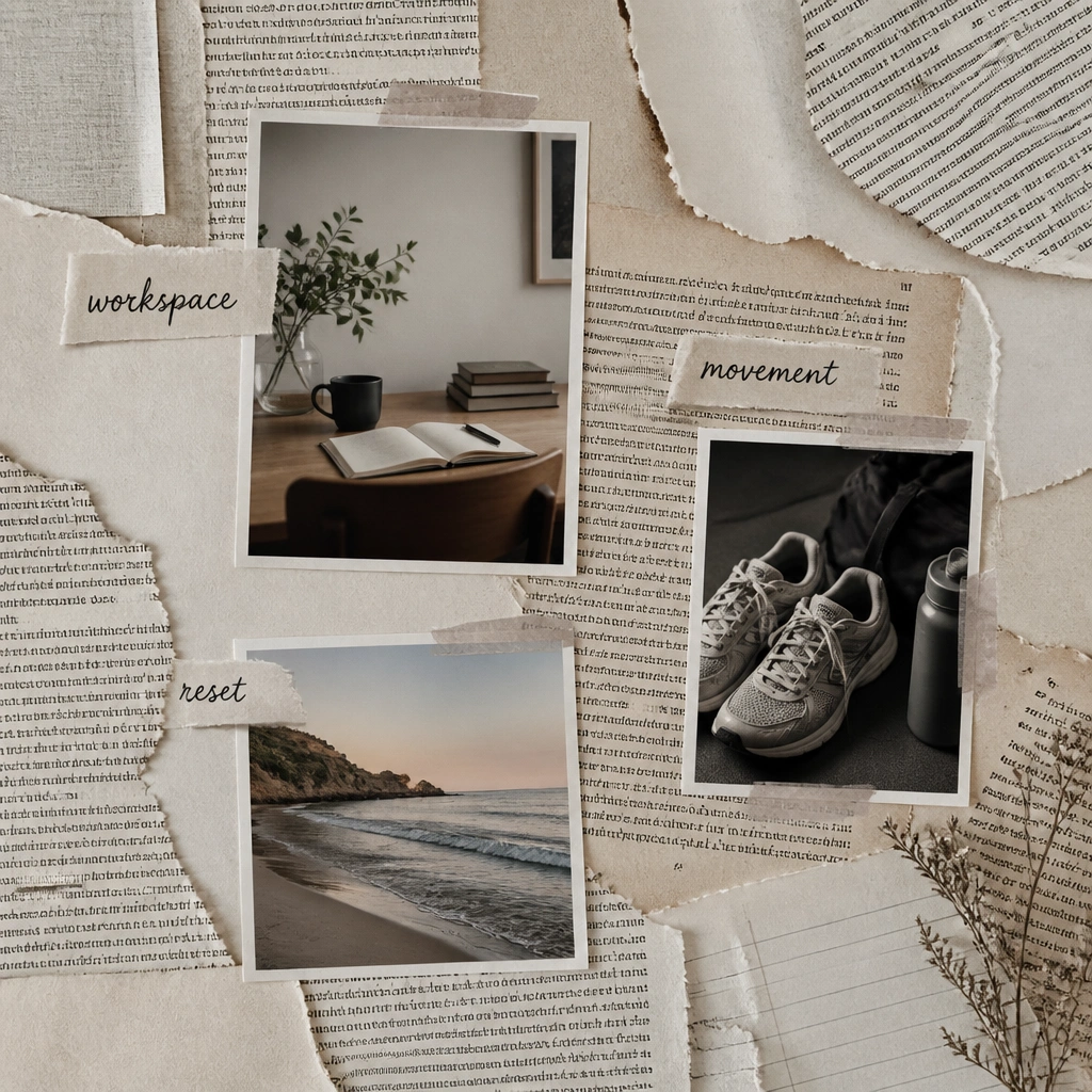A collage where most of the background is torn book pages, with small photos of a desk, gym shoes, and a beach scene layered on top; handwritten labels in black ink sit next to each photo.