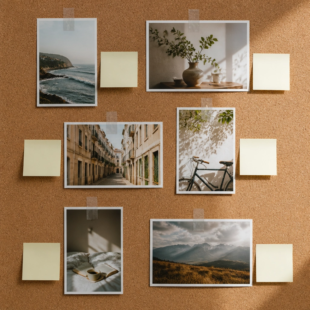 A cork board with photos held down using transparent tape strips in neat vertical lines; small sticky-note captions sit beside each image.