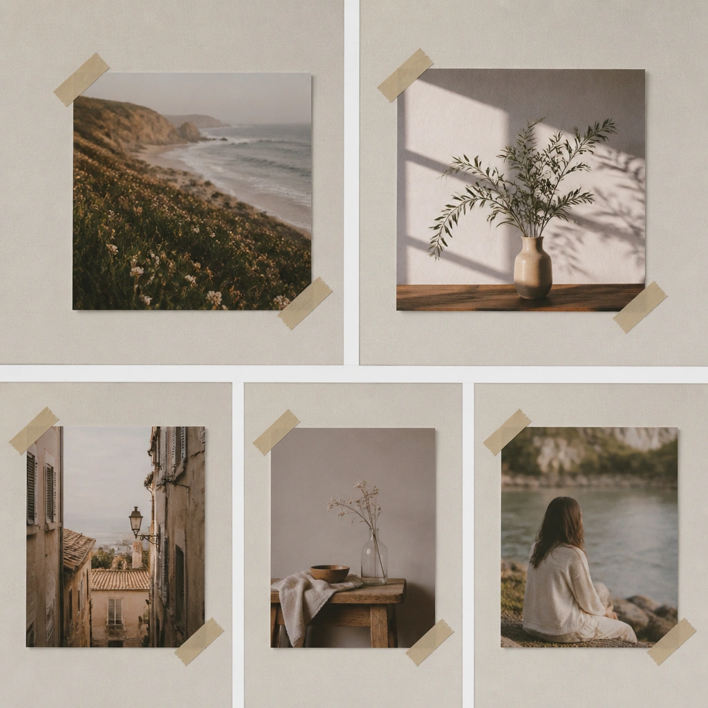 A light beige board with five photos, each held by two small pieces of washi tape at opposite corners; thin white cardstock strips create spacing between photos.