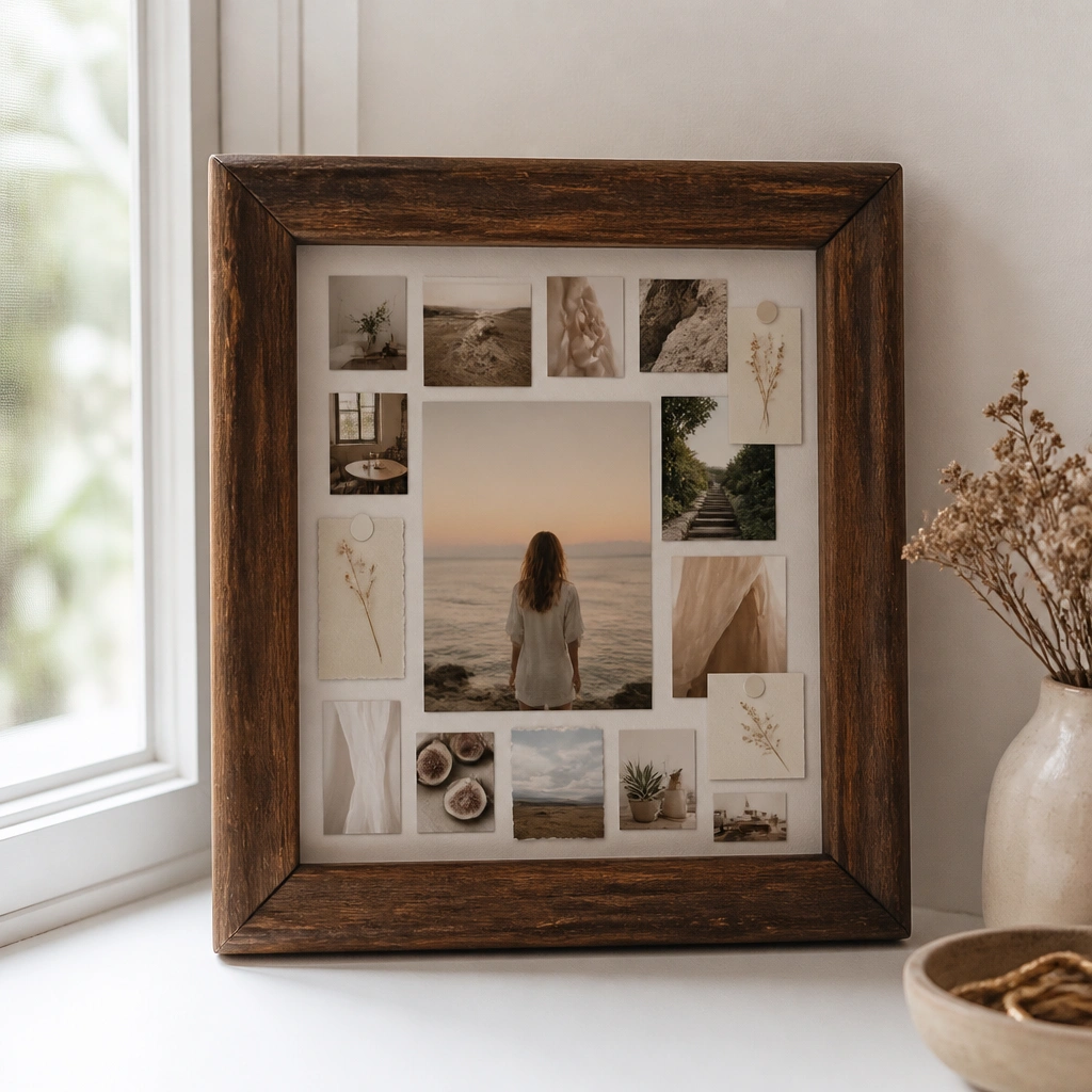 A small thrifted wooden frame containing a vision board with a grid of tiny cutouts, a few printed quotes, and one larger center photo.