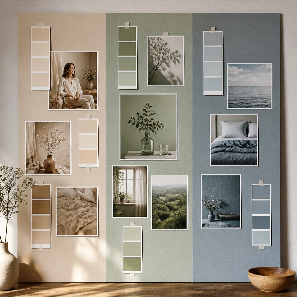 A board split into three color zones with paint swatches taped along the edges; photos are filtered to match those colors and arranged in a loose grid.