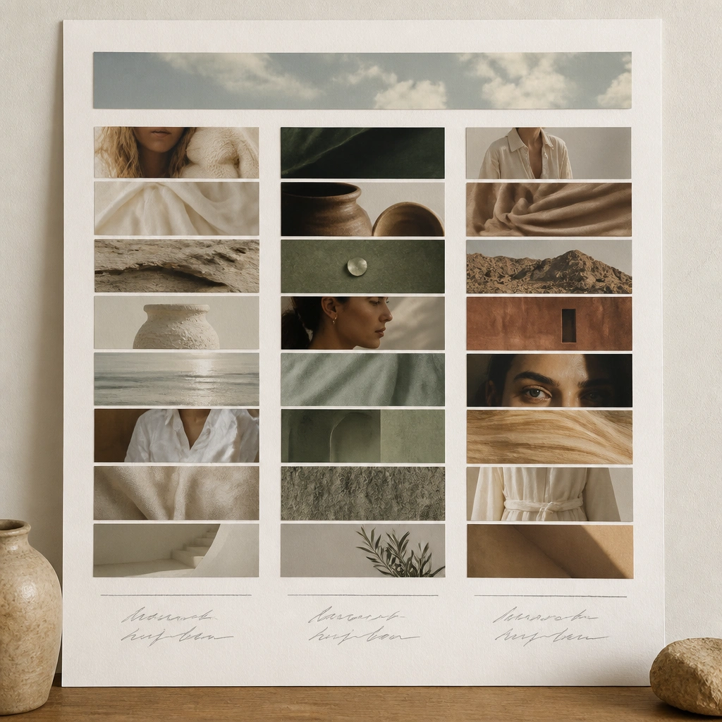 Three vertical columns on a poster board, each filled with magazine cutouts trimmed into strip rectangles; a title at the top and small handwritten notes under each column.