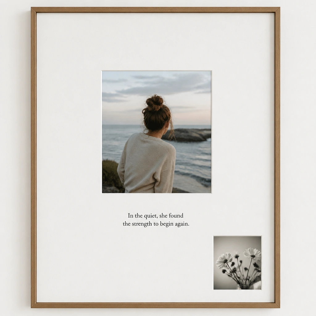 A mostly blank board with one centered photo, a printed quote beneath it, and one small photo in the bottom corner; everything aligned with generous white space.