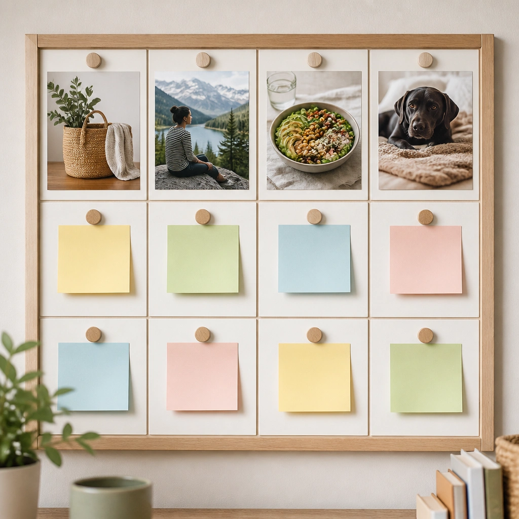 A board with a 4x3 grid; photos are in the top row and sticky notes in the remaining boxes with short actions like 'Plan meals' and 'Book dentist appointment'.