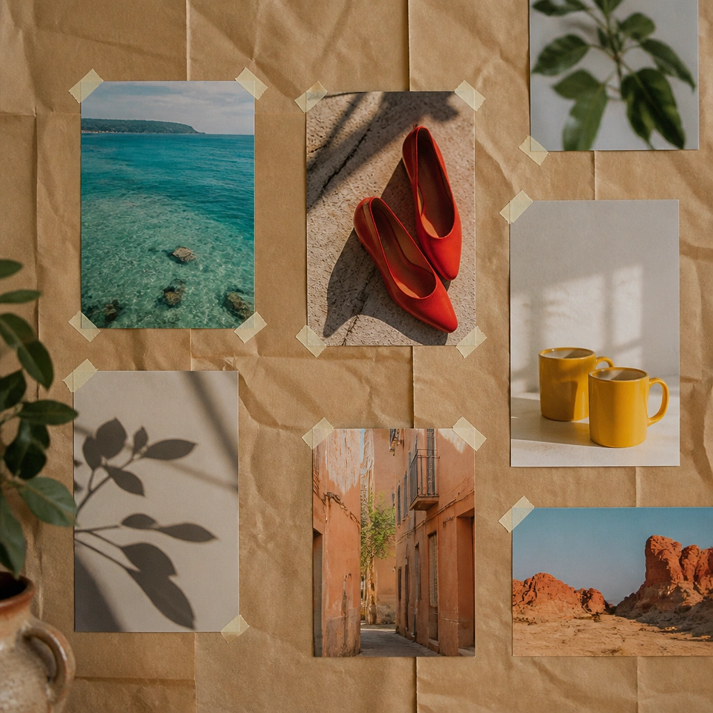 A board covered with flattened brown paper bag material; bright photos (like a turquoise ocean, red shoes, and yellow mugs) pop against the neutral backdrop with small tape corners.