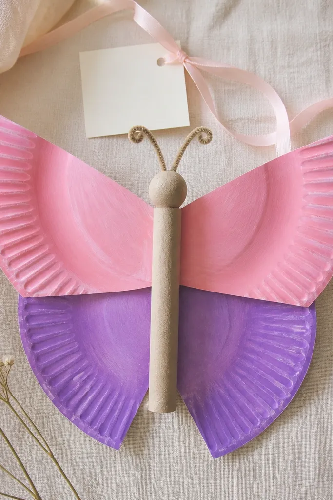 A paper plate craft shaped like butterfly wings: two wings are painted pastel pink and purple with a body in the middle. A small note tied with ribbon is visible at the top.